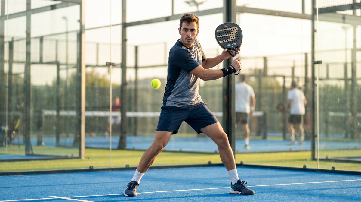 Giocatore di padel si prepara a colpire la palla su campo blu con pareti in vetro