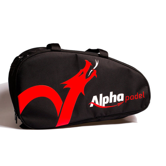 Immagine borsa portaracchette padel nera con logo Alphapadel bianco e rosso.