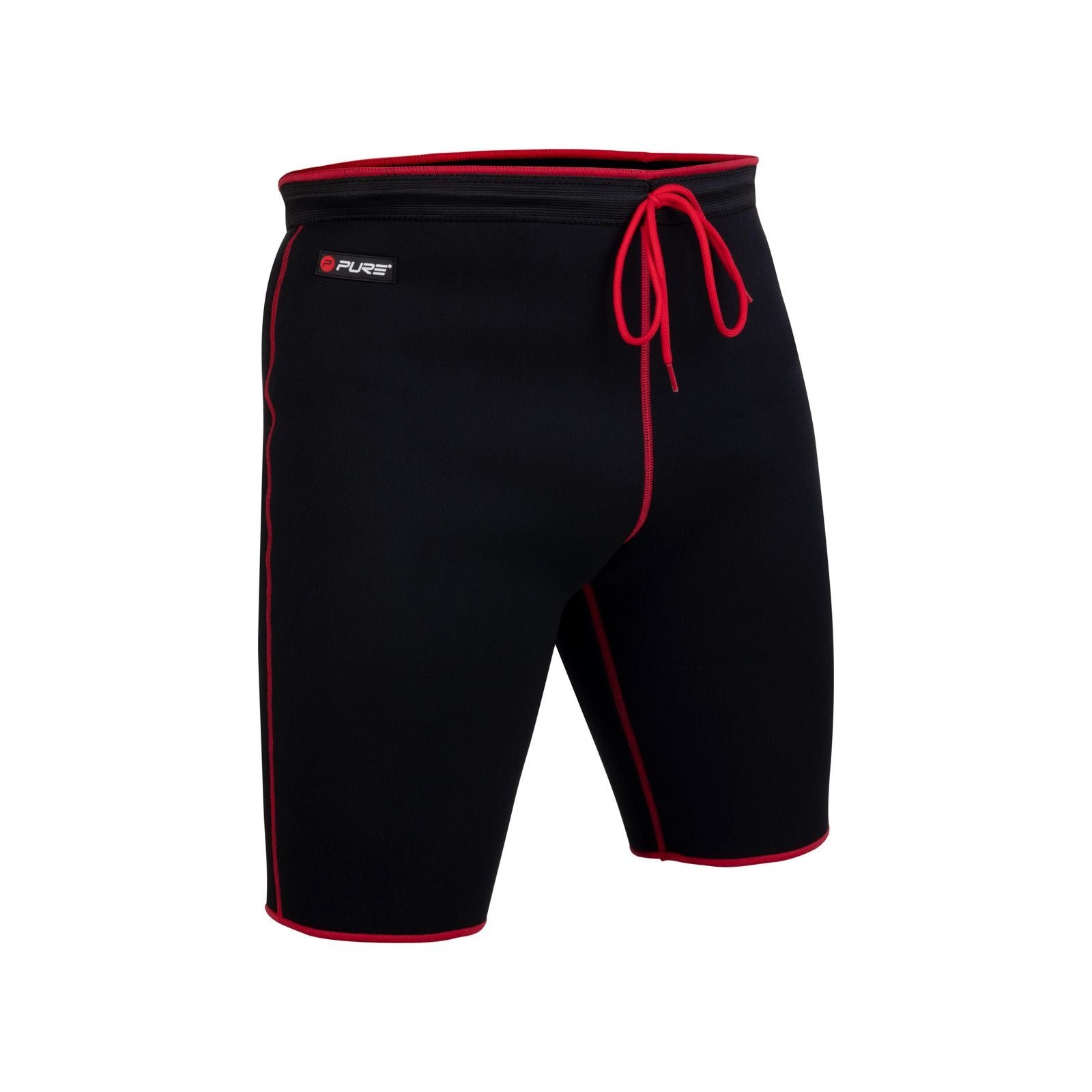 Immagine pantaloncini a compressione neri e rossi su sfondo bianco.